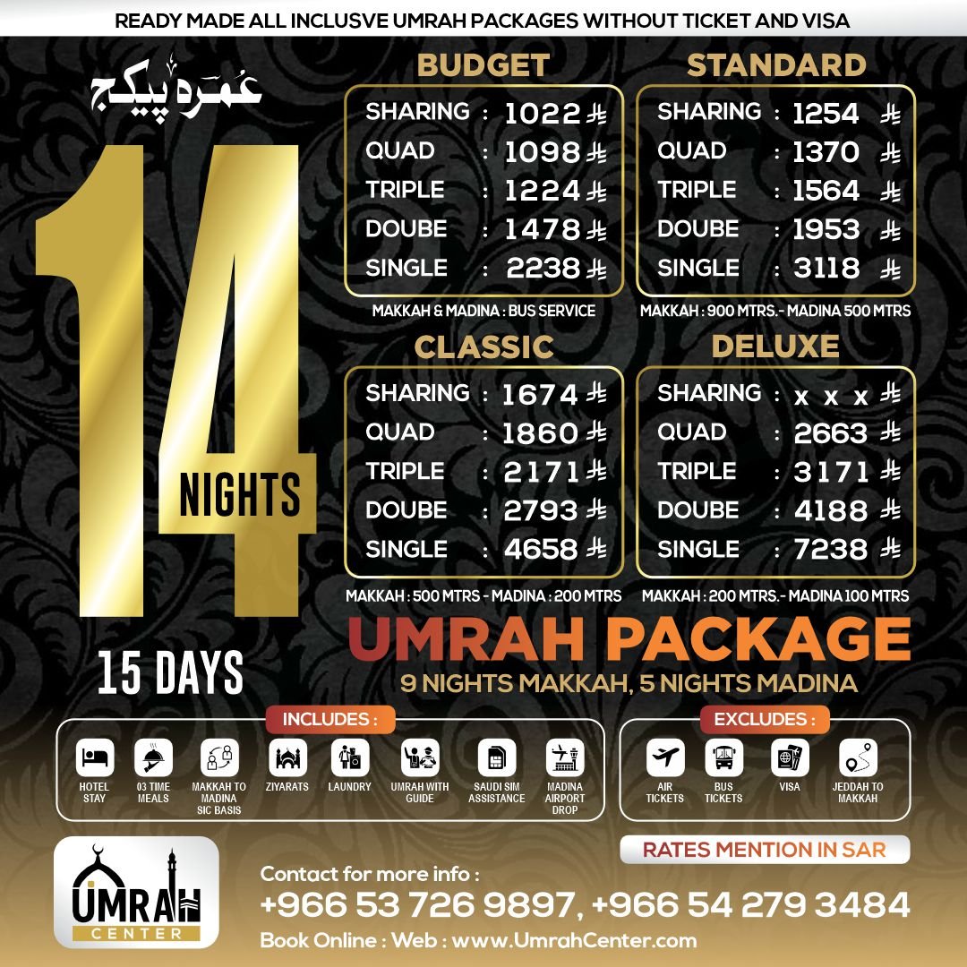 14 Nights 15 Days Umrah Package Without Ticket & Visa