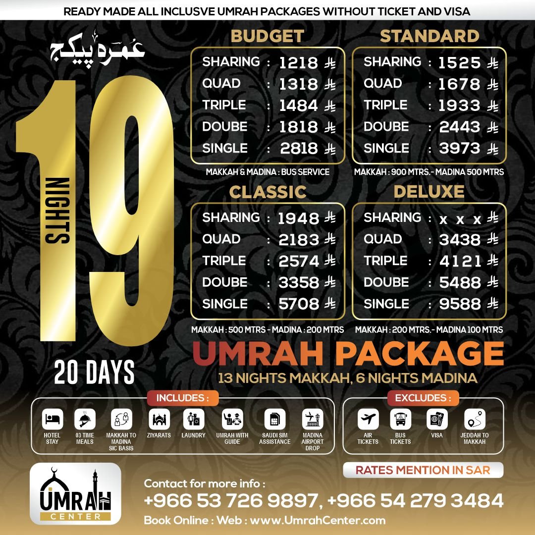 19 Nights 20 Days Umrah Package Without Ticket & Visa